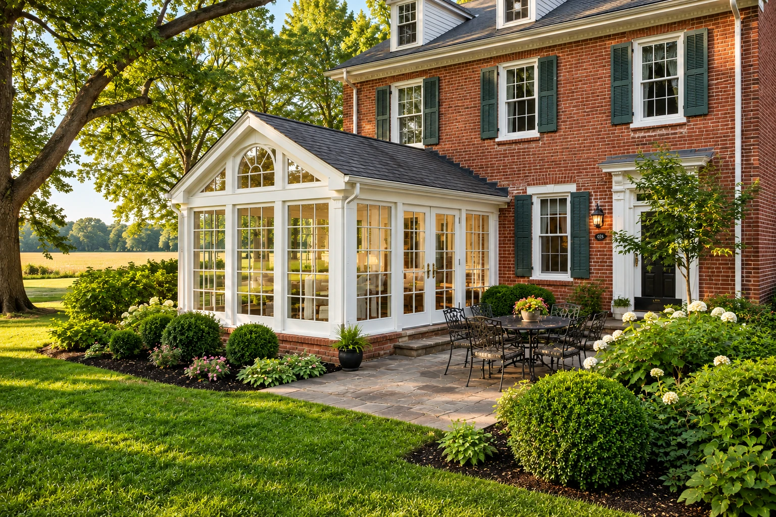White, glass-walled sunroom addition on a red-brick house, beside a landscaped lawn and stone patio dining area.