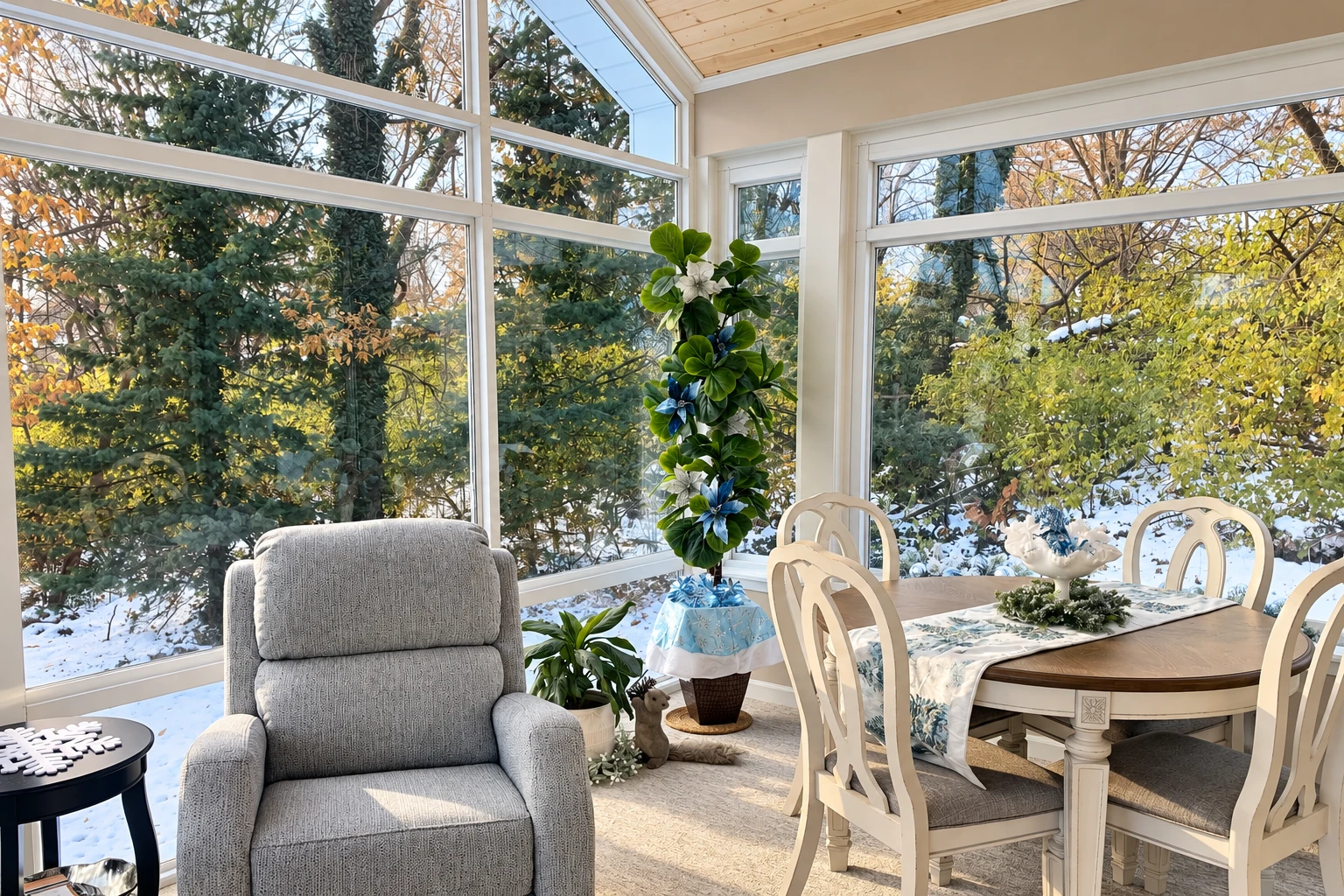 A bright all-season sunroom with large windows, a dining table and armchair overlooking snow-covered trees.