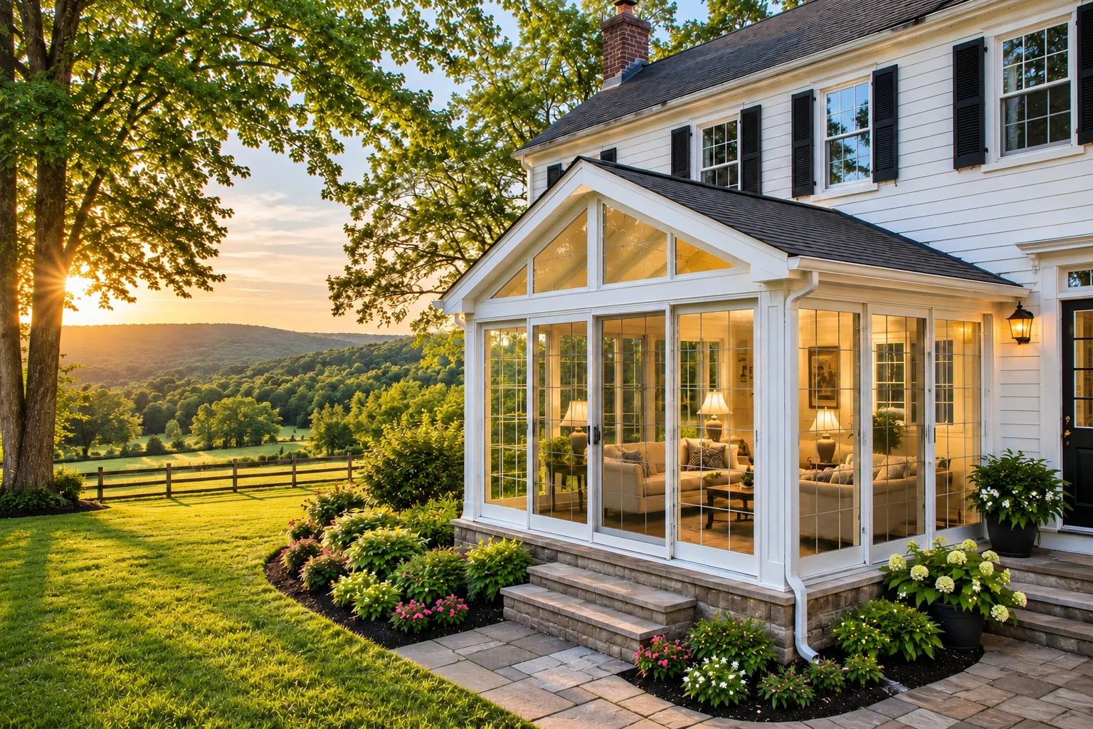 Four-season sunroom with white framing and a peaked glass gable, attached to a house overlooking a green valley.
