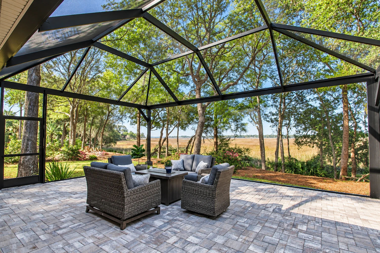 Patio enclosure with a black-framed screen roof and walls, wicker seating, and a view of trees and marshland.