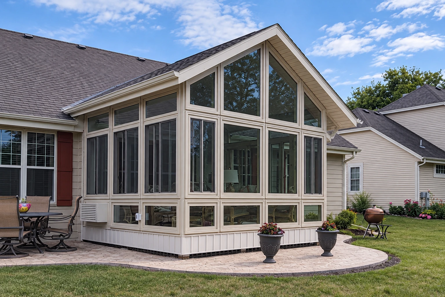A large white-framed sunroom with a high peaked roof and tall windows extends from a house onto a stone patio.