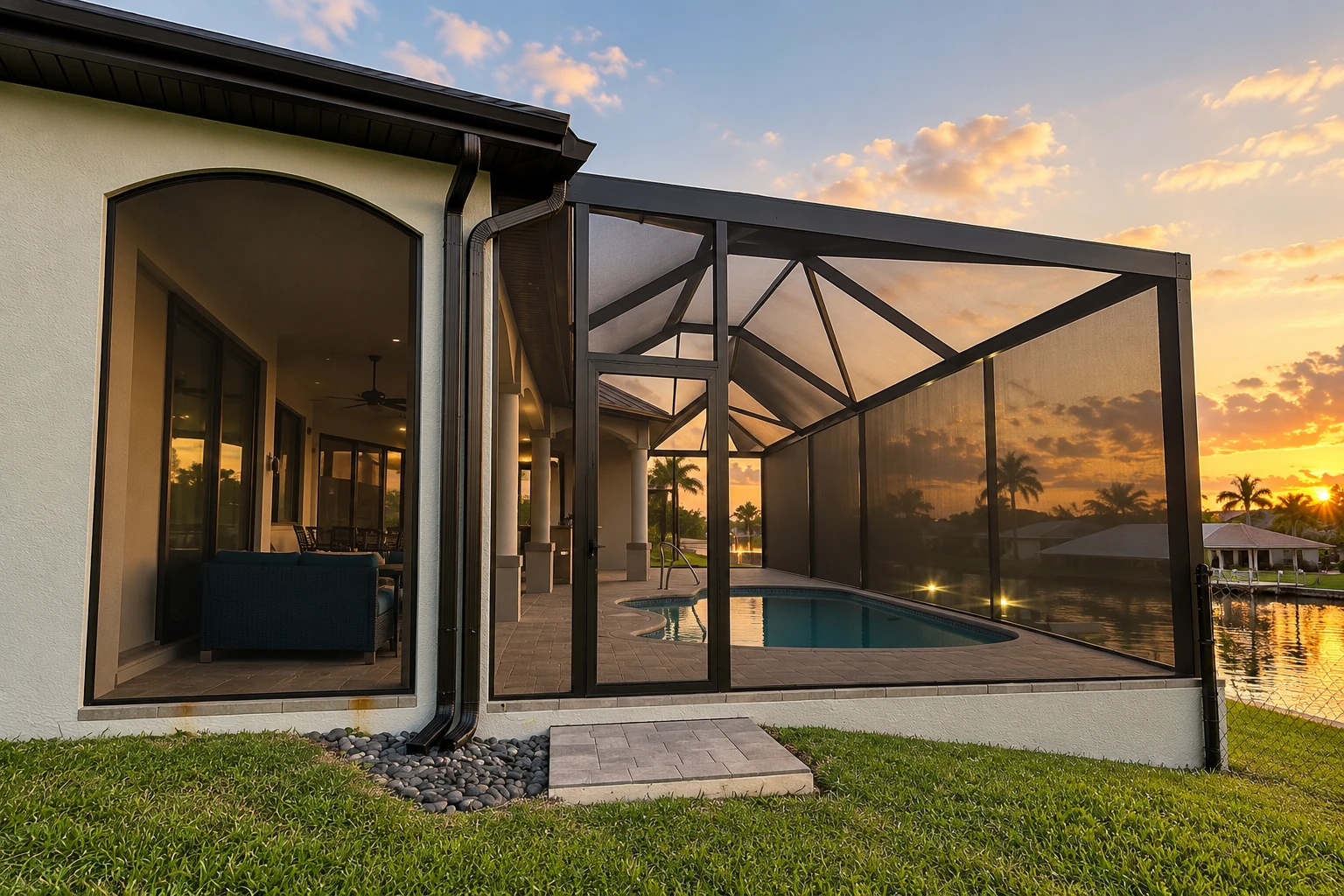 A black-framed screened patio enclosure surrounds a pool beside a stucco house at sunset.