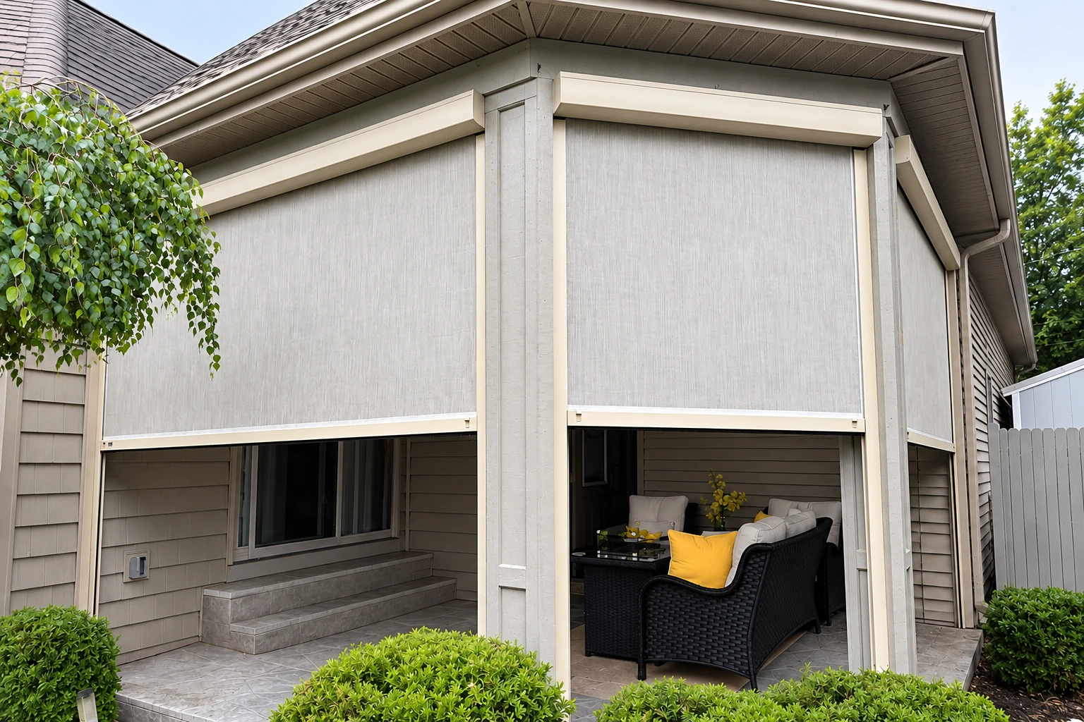 Screened patio with lowered mesh shades, a covered roof and outdoor seating beside a house.