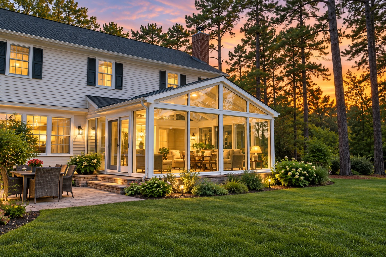 Glass solarium attached to a white house, warmly lit at sunset and furnished with sofas and a dining table.