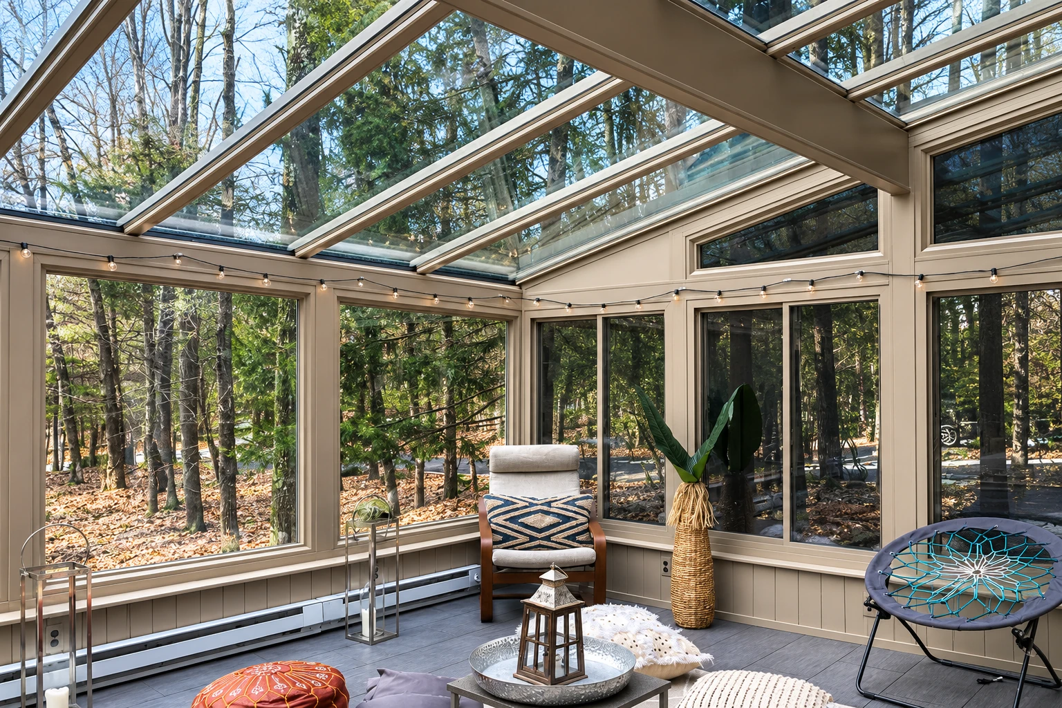 Solarium with a glass-paneled roof and large windows facing wooded surroundings, furnished with a chair and small tables.