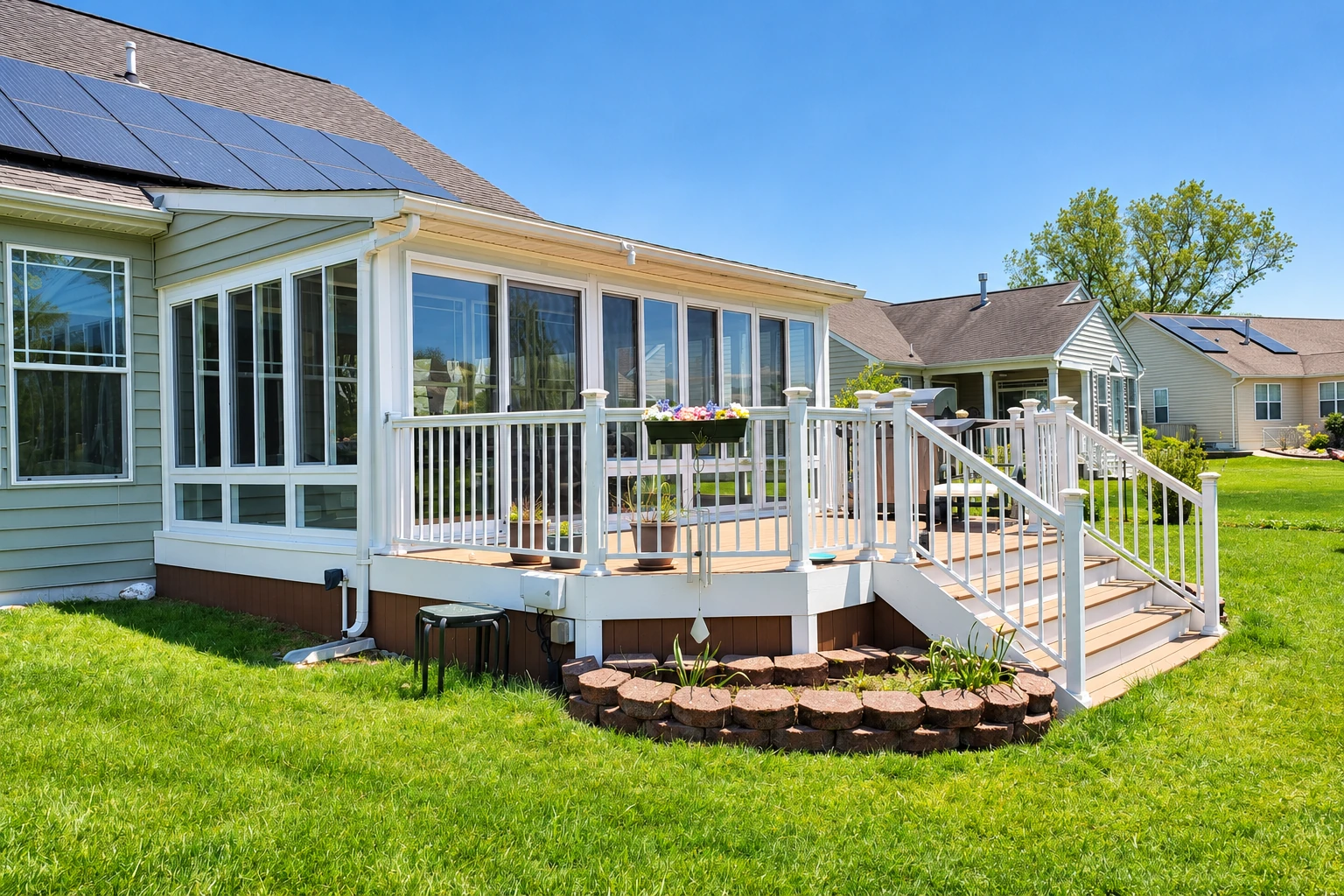 A white-framed sunroom addition with tall windows opens onto a raised deck with white railings and stairs beside a solar-paneled house.