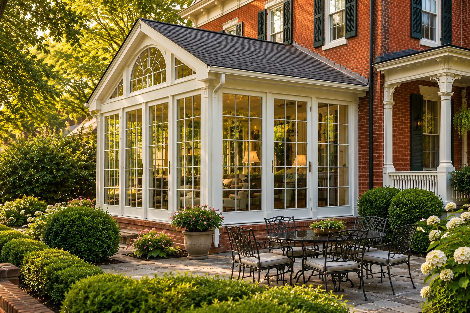 White sunroom with a peaked roof and tall grid windows attached to a brick house, overlooking a landscaped stone patio.