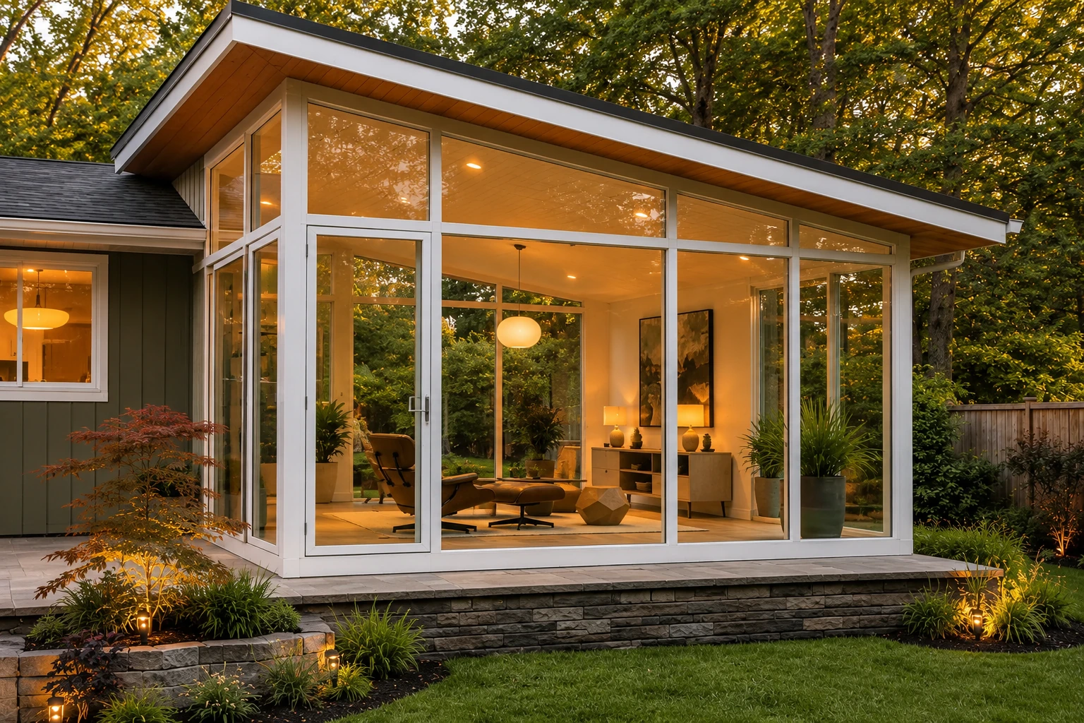 Modern glass sunroom with a sloped roof glows warmly among trees at dusk.