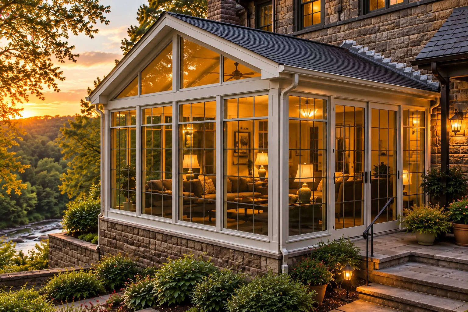 A white-framed sunroom with a peaked glass gable glows at sunset beside a stone house, with trees and a river in the background.
