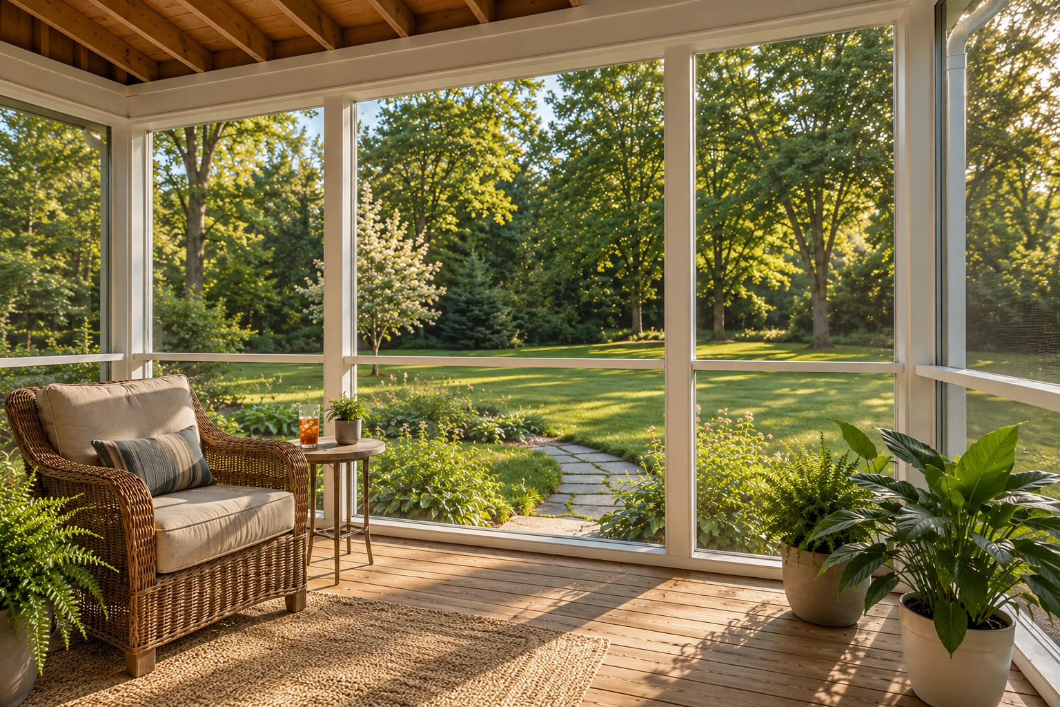 A screened three-season sunroom with a wood ceiling, wicker chair and potted plants facing a leafy garden.