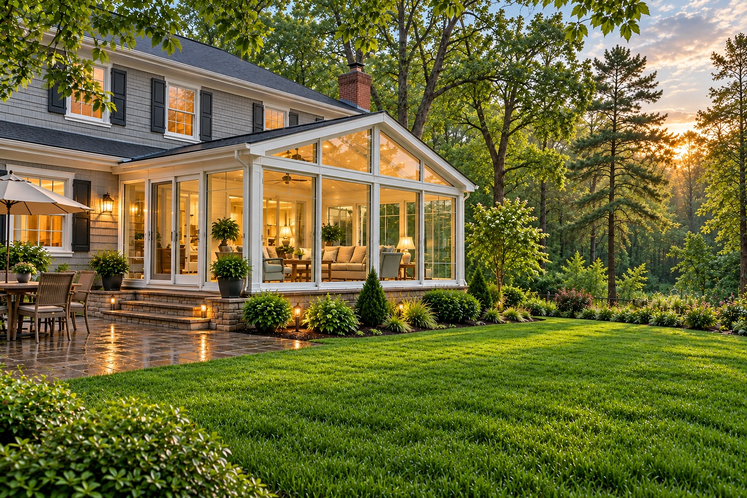 A white-framed glass sunroom extends from a gray two-story house beside a landscaped lawn at sunset.