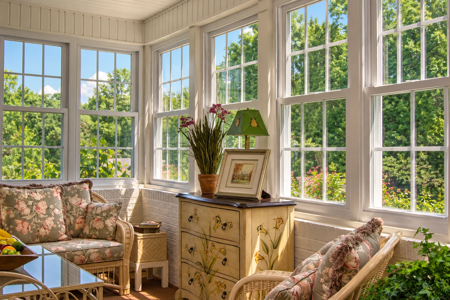 Bright vinyl sunroom with white grid windows, wicker seating, floral cushions and a painted cabinet overlooking a garden.